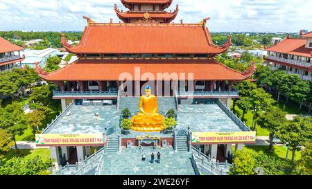 Aerial view of Thanh Tam Pagoda in Binh Chanh district. A beautiful Buddhist temple. A mixed architecture of China, India and Vietnam Stock Photo