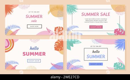 Set of trendy abstract horizontal banner templates with tropical palm leafs and geometric elements. Modern colorful summer sale background design with Stock Vector