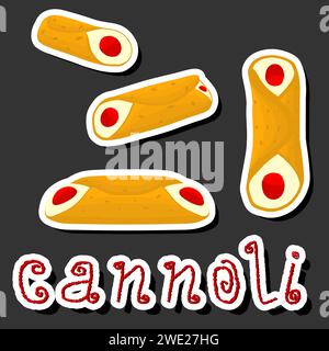 Illustration on theme big set different types sweet waffles Sicilian dessert cannoli, waffle crispy straw filled with ricotta cheese, wafer cannolo wi Stock Vector