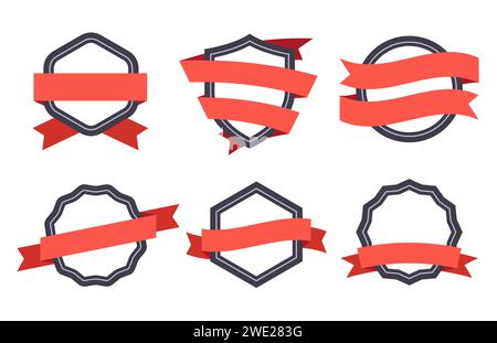 Flat ribbon banner badge. Premium quality certificate or reward. Frames of different geometric shapes Stock Vector