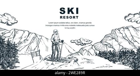 Ski resort horizontal banner design template. Skier on slope vector hand drawn sketch illustration. Winter travel poster background with mountain peak Stock Vector