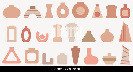 Clay vases in boho style set. Ceramic modern vases of different shapes for interior. Abstract jugs for home decor, isolated vector illustration Stock Vector