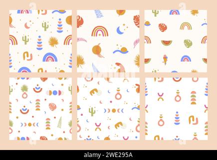 Set of Bohemian Tropical Summer Seamless Patterns with abstract geometric elements and tropical floral palm leaf in bright colors. Trendy boho shapes Stock Vector