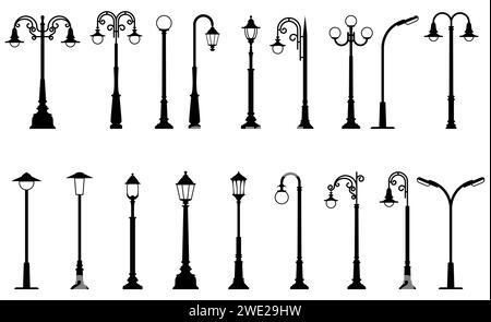 Vintage street light posts set, old street lamp posts, sidewalk lantern, vector Stock Vector