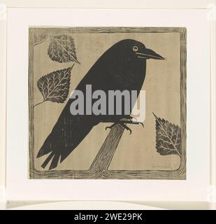 KRAAI, Samuel Jessurun de Mesquita, c. 1910 print The crow sits on a branch that turns into the edge of the print. Three leaves around him.  paper  song-birds: crow Stock Photo