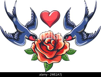 Two swallows holds rose flower Stock Vector