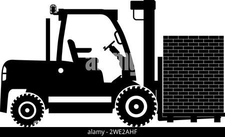Silhouette of Wheel Forklift with Brick Icon in Flat Style. Stock Vector