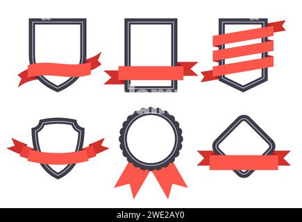 Flat ribbon banner badge, banners, badging frames with ribbons. Shapes of different geometric shapes with red tapes Stock Vector