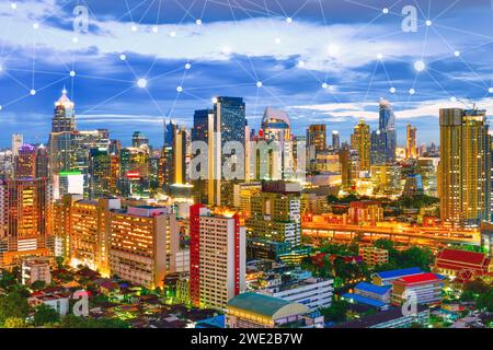 Modern city at twilight with network connection wireless communication concept Stock Photo