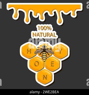 Drop of bee honey drip from hexagonal honeycombs filled with golden nectar, honeycombs summer composition consisting of drop natural honey, drip on wa Stock Vector