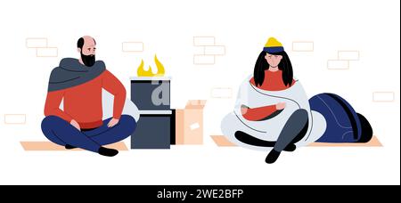 Homeless people sitting outside. Poor people in old clothing sitting on ground near fire. Depressed beggars Stock Vector