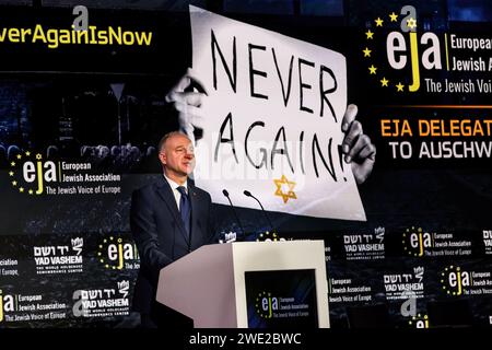 Krakow, Poland. 22nd Jan, 2024. Wojciech Kolarski, Presidential Minister, Chancellery of the President of Poland, speaks to the European Jewish Association symposium audience in the Conference Centre of Hilton Hotel in Krakow ahead of the 79th anniversary of Auschwitz liberation. The symposium focuses on the rise of antisemitism in Europe after the brutal October 7 2023 attack on Israel and the indiscriminate military reaction of Israel on Palestinians. Credit: SOPA Images Limited/Alamy Live News Stock Photo