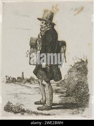 Portrait of Hermanus Jan Hendrik Rijkelijkhuizen, David van der Kellen (1804-1879), 1814 - 1879 print Portrait of the painter and print maker Hermanus Jan Hendrik Rijkelijkhuizen, standing in a landscape near Utrecht, full. The painter wears a top hat and a bouffante. Under his arm he has a portfolio, and a glove in his left hand.  paper. etching / drypoint windmill Utrecht Stock Photo