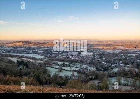 The Malvern Hills and Colwall village from the Herefordshire Beacon in ...