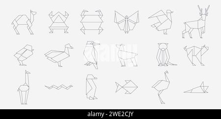 Line origami animals. Geometric folded Japanese traditional papercraft animals, simple outline sketch folded zoo. Vector collection Stock Vector