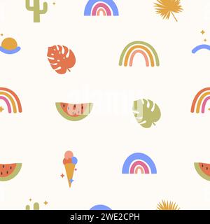 Bohemian Tropical Summer Seamless Pattern with abstract geometric elements, rainbow and tropical floral palm leaf in bright colors. Trendy boho shapes Stock Vector
