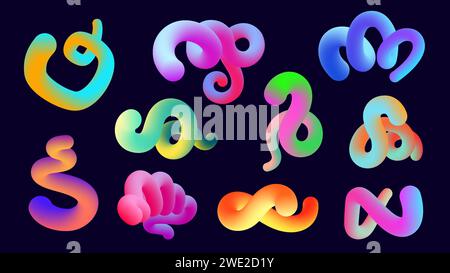 Liquid colorful curve shapes. Abstract modern strokes with different forms and shapes, creative fluid dynamic brush strokes. Vector isolated set Stock Vector