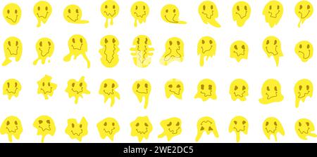 Melting or dripping smile set. Psychedelic faces isolated on white background. Bad trip concept. Stock Vector