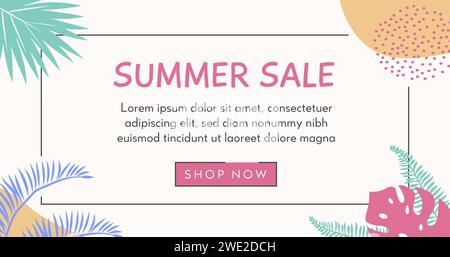 Trendy abstract horizontal banner template with tropical palm leafs and geometric elements. Modern colorful summer sale background design with place Stock Vector