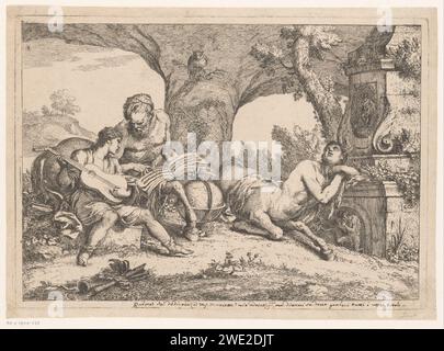 Achilles taught by Chiron, Gaetano Zompini (Possible), After Giovanni Benedetto Castiglione, c. 1758 - c. 1759 print The Centaur Chiron gives music lessons to the young Achilles. Chiron holds a book with sheet music and Achilles plays the guitar. On the right there is a second centaur to sleep and in the foreground there is a trumpet and a recorder. Italy paper etching the education of Achilles by Chiron. recorder (musical instrument). wind instruments. centaurs. cithern, mandolin, guitar, balalaika Stock Photo
