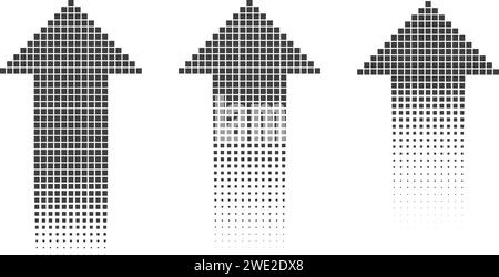 Three black halftone up arrows with pixel pattern on a white background. Retro video game elements. Vintage 8 bit symbol Stock Vector
