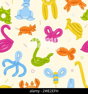 Animal balloons pattern. Seamless cartoon helium balloons, cute animal funny toys, birthday party celebration decoration. Vector isolated set Stock Vector