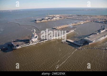 Norfolk, Virginia, USA. 17th Jan, 2024. The worldâs largest aircraft carrier USS Gerald R. Ford (CVN 78), arrives in Norfolk, Virginia, following its eight-month maiden deployment, January. 18, 2023. The Gerald R. Ford Carrier Strike Group (GRFCSG) completed a scheduled deployment in U.S. Naval Forces Europe-Africa/US Sixth Fleet area of operations, demonstrating the commitment and power projection capability of the Navys globally deployed force. (Credit Image: © U.S. Navy/ZUMA Press Wire) EDITORIAL USAGE ONLY! Not for Commercial USAGE! Stock Photo