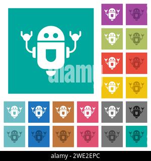 Rolling robot multi colored flat icons on plain square backgrounds. Included white and darker icon variations for hover or active effects. Stock Vector