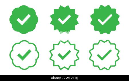 Green tick confirmation symbol icon set with fill and stroke. Green tick, yes, confirmation symbol. Green check mark button for verification sign. Stock Vector