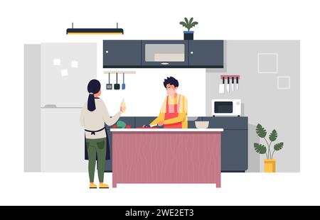 People cooking at home. Husband and wife preparing food in kitchen together. Man cutting vegetables to make salad Stock Vector