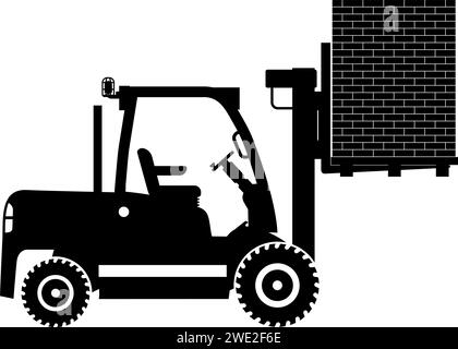 Silhouette of Wheel Forklift with Brick Icon in Flat Style. Stock Vector
