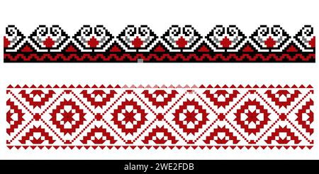 Set of editable colorful seamless ethnic Ukrainian traditional cross stitch patterns for embroidery stitch. Floral and geometric ornaments. Stock Vector