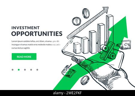 Human hand holding smartphone with stock market statistics chart. Hand drawn vector sketch illustration. Businessman show profits on graphs. Investmen Stock Vector