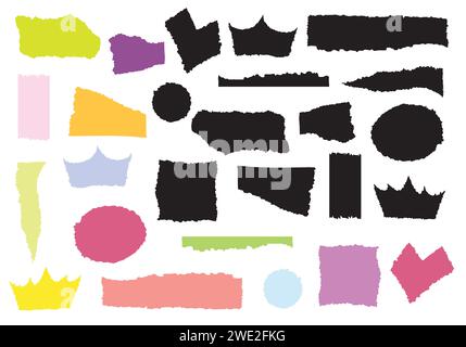Ripped and cutout paper, jagged trip sticker piece. Black shape with zigzag edge. Isolated objects vector on white background. Stock Vector