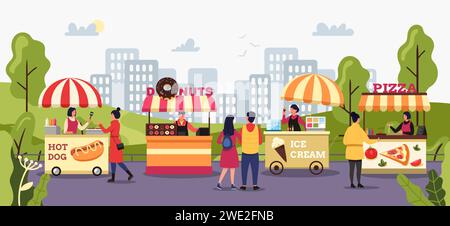 Street market. People buying food at outside vendors. Kiosks selling pizza, hot dogs, ice cream and donuts Stock Vector
