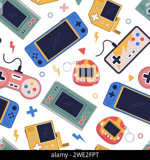 Videogame seamless pattern. Retro game controllers, modern gamepads, vintage joysticks and electronic tamagotchi keychains. Decor textile, wrapping Stock Vector