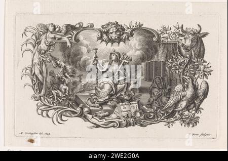 Allegory of the Christian faith, Pieter Yver, After Mattheus Verheyden, 1743 print The personification of faith is on a stone that depicts Christ as a cornerstone, with a cross and misleading in the hands, the flame of the divine inspiration on the head, while she tramples the snake of evil. On the left, Abraham is prevented by the angel from sacrificing his son Isaac. On the right point a figure on the table tables of the law. The symbols of the four evangelists are incorporated in the ornamental frame: Engel, Leeuw, Taurel and Eagle. Amsterdam paper etching / engraving Faith, 'Fides'; 'Fede' Stock Photo