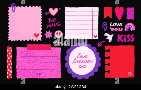 Paper valentine memo notes on stickers. Vector vintage sticky notes and pages with torn edges Stock Vector