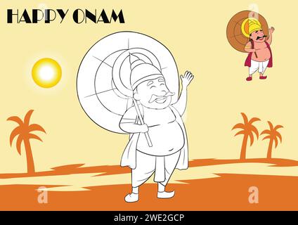 Vector illustration of Happy Onam festival with coloring image for kids Stock Vector