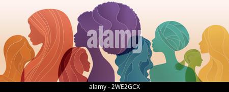 Group silhouette of multicultural women. International women's day. Diversity - inclusion - equality or empowerment concept. Banner. Rainbow colors Stock Vector