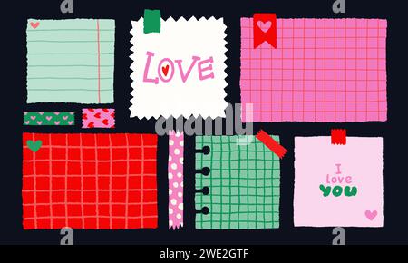 Paper valentine memo notes on stickers. Vector vintage sticky notes and pages with torn edges Stock Vector