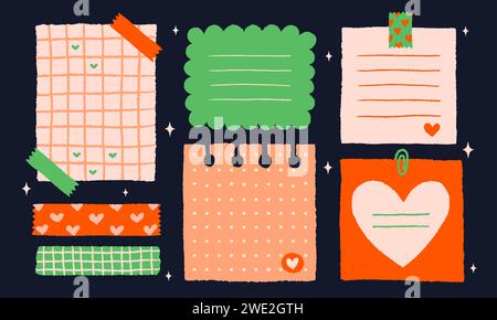 Paper valentine memo notes on stickers. Vector vintage sticky notes and pages with torn edges Stock Vector