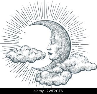 Halfmoon with human face in clouds Stock Vector