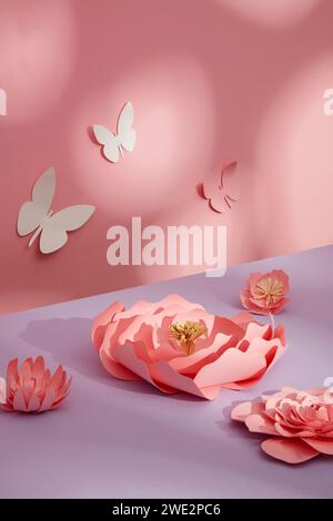 Against the pastel color background, beautiful pink flowers paper decorated on pink background with butterflies and shadow of window. Creative scene w Stock Photo