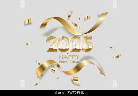 Happy New Year 2025. Golden 3D numbers with ribbons and confetti. Vector. Stock Vector