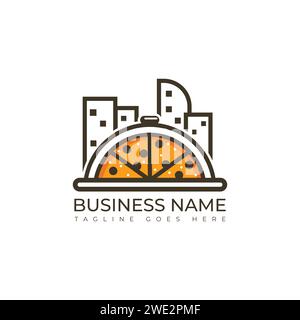 Pizza city or pizza town logo design vector illustration. An illustration logo with half a pizza slice and an urban building behind it Stock Vector