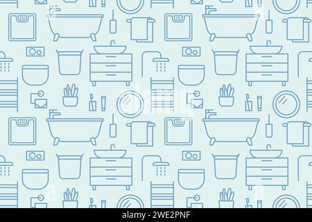 seamless modern bathroom interior elements; bathtub, sink with cabinet, mirror, shower, towel hanger, scales, plant, toilet, laundry box- vector illus Stock Vector