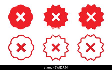 Red cross not-verified symbol icon set with fill and stroke. Not verified red color. Cross x vector icon. no wrong symbol. delete, vote sign. Stock Vector