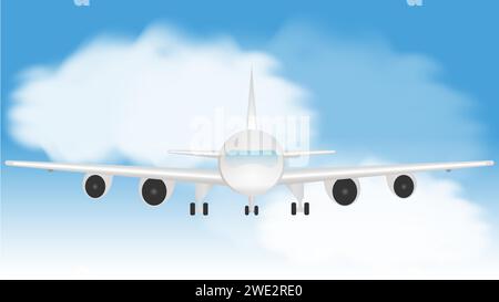 Passenger airplane jet flying at flight level high in the sky above the clouds and blue sky. View directly in front vector Stock Vector