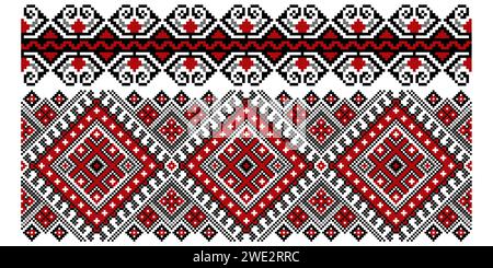 Set of editable colorful seamless ethnic Ukrainian traditional cross stitch patterns for embroidery stitch. Floral and geometric ornaments. Stock Vector